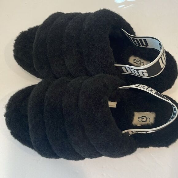 UGG Australia US 7 Fluff Yeah Slides 1095119 Black Shoe Sandals Slipper Furry - Picture 2 of 4